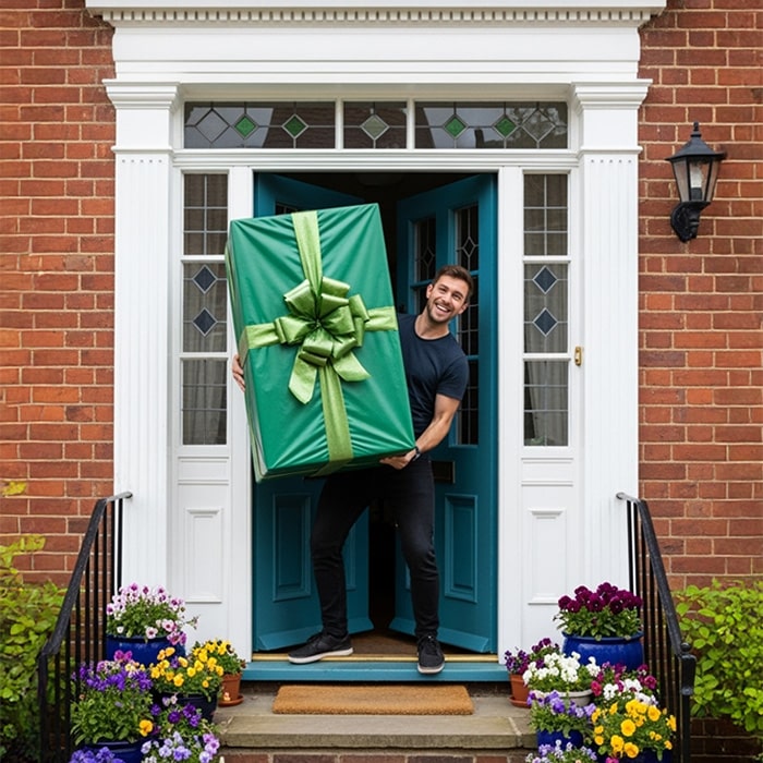 Man carrying oversized gift in outside an open house door