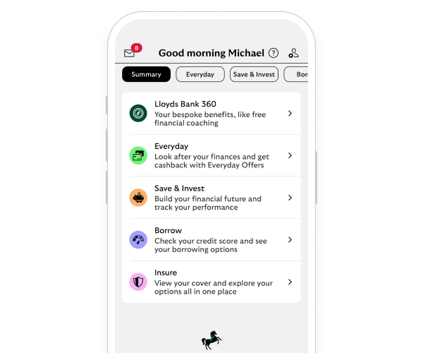 A smartphone showing the Lloyds app spaces.