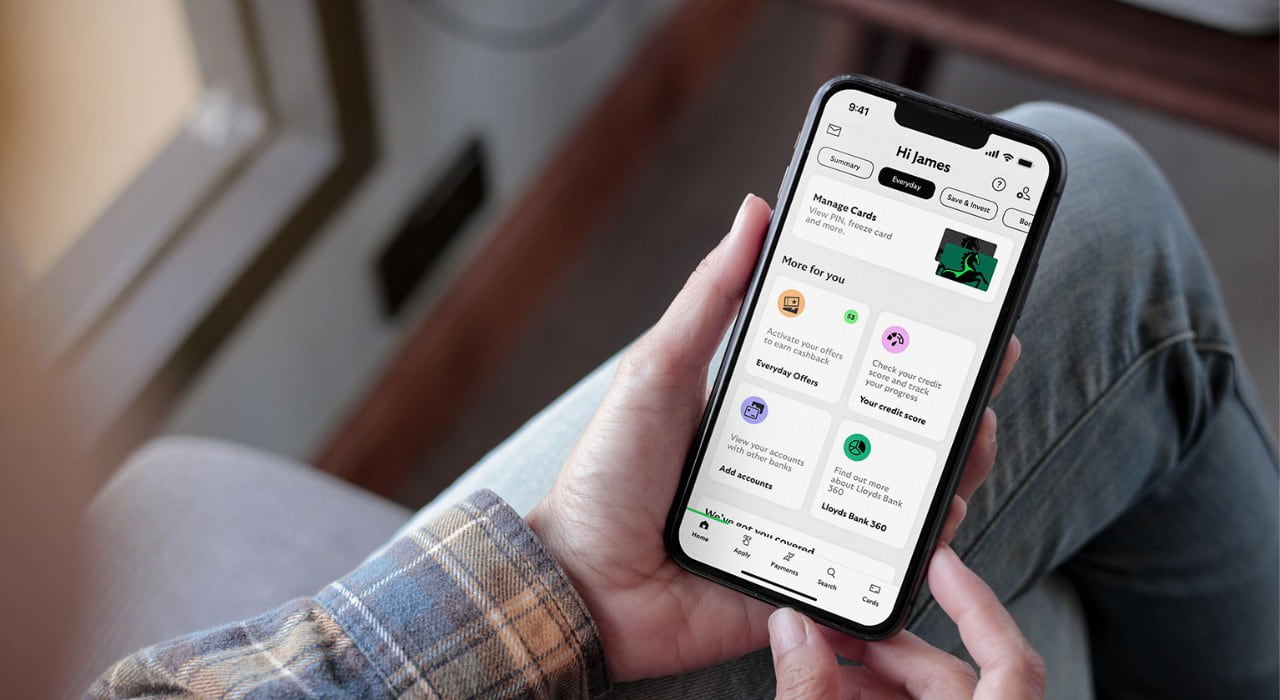 The Lloyds mobile app showing the different account spaces.