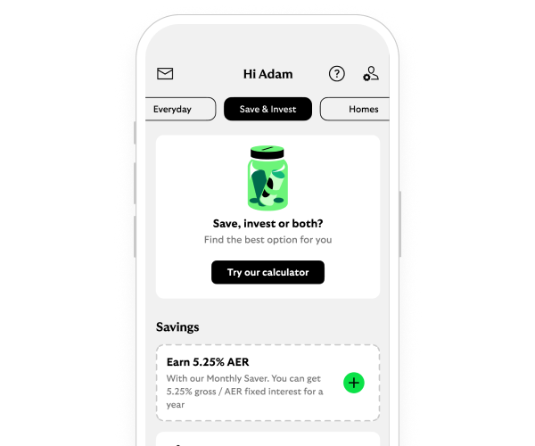 An app screen showing the Save & Invest app space.