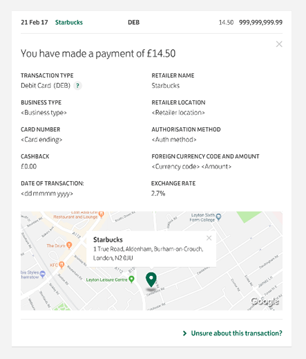 Screenshot of transaction details screen within Internet Banking, including a map