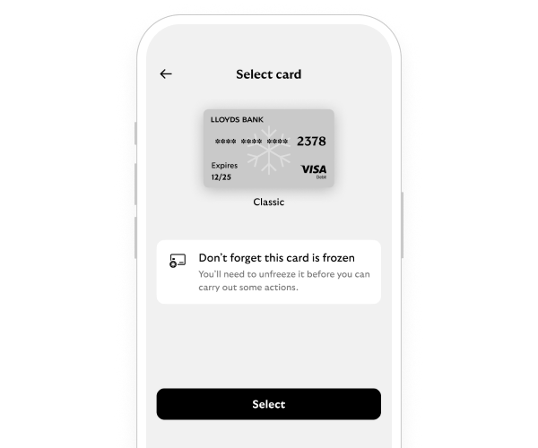 A smartphone showing the card freezes screen in our app.