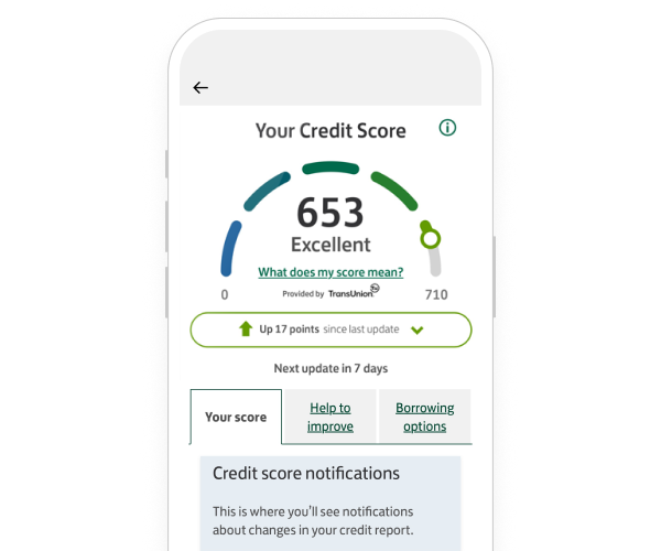 A smartphone screen showing the Lloyds app Your Credit Score screen.