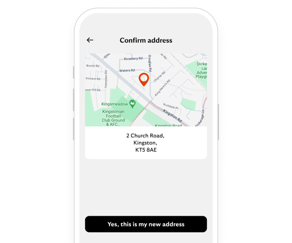 App screen showing Google map with dropped pin, followed by an address.