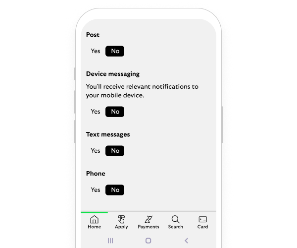 Smartphone showing the marketing preferences screen in the Lloyds app, with toggles for yes and no for each option.