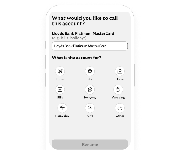 Smoartphone showing the rename account screen in the Lloyds app, with a field to type in a new account name.