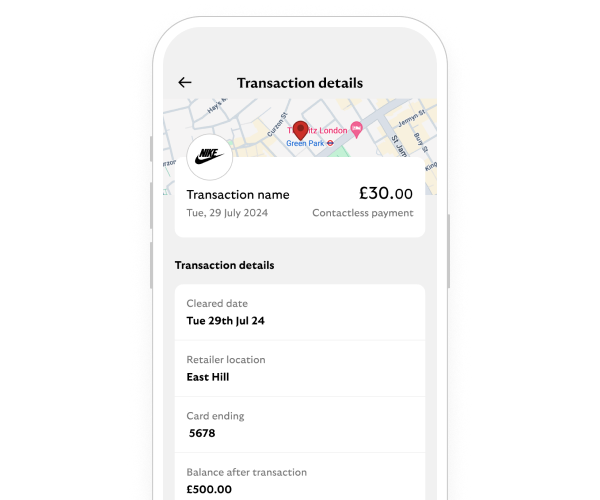 App screen showing, pointing location with address in map.