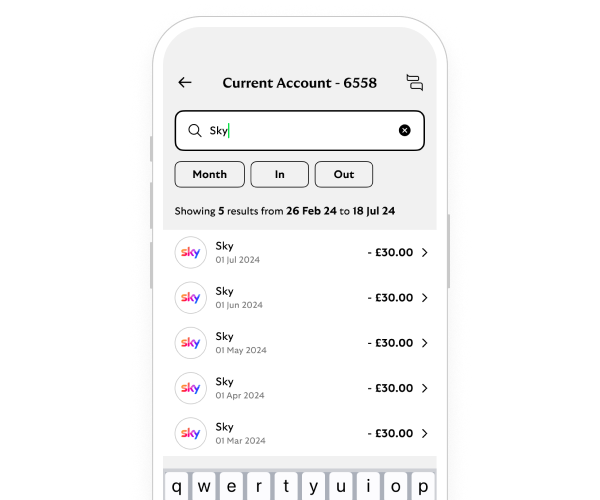 App screen showing, search your transactions of amounts.