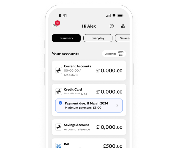 Smartphone showing the summary space in the Lloyds app.